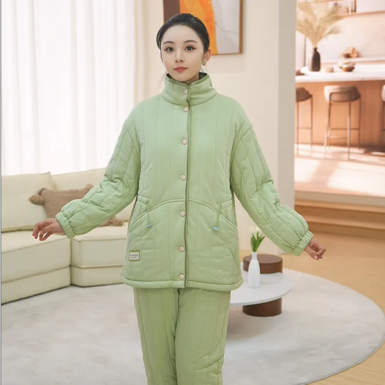 秋鹿三层加厚夹棉睡衣针织家居服女秋冬天保暖可外穿立领外套冬季