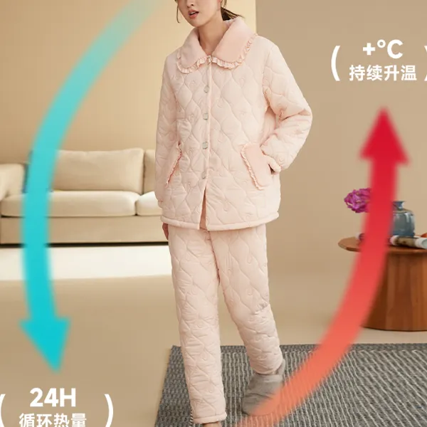 秋鹿绉披法兰绒薄夹棉翻领女套加绒冬款秋冬季家居服女套