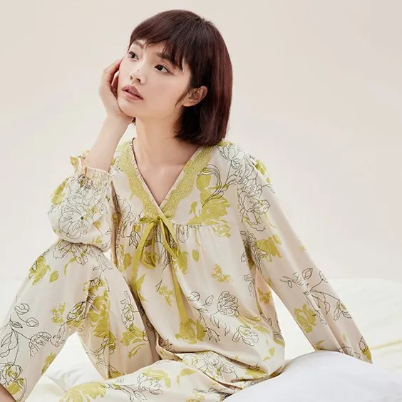 秋鹿蕾丝睡衣女春秋新款2024爆款纯棉长袖V领秋冬高档大气家居服