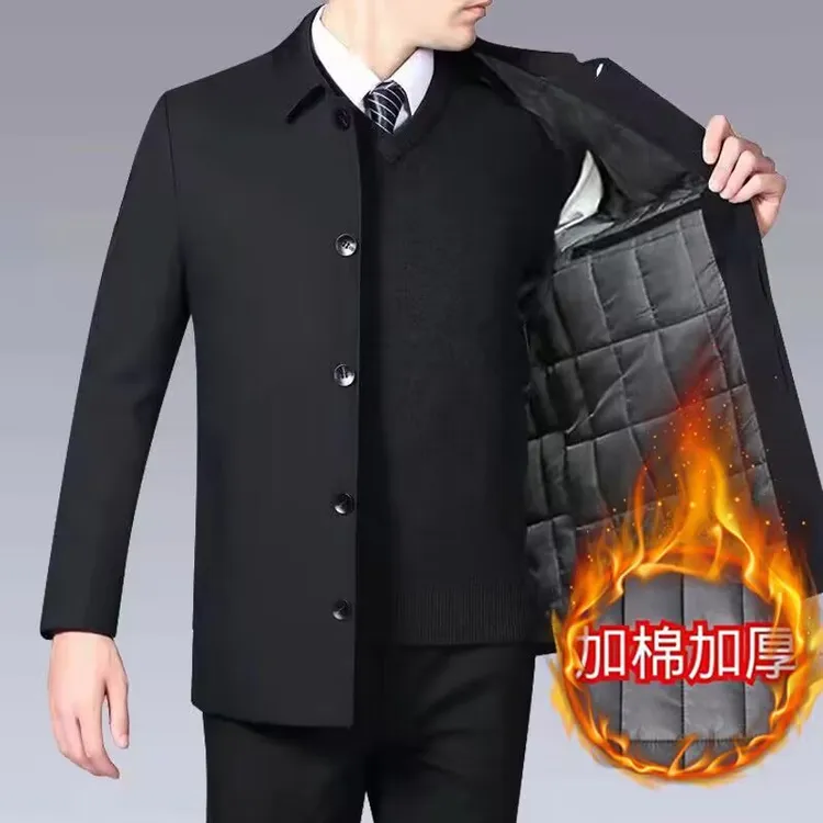 【加棉】冬季纽扣款加棉外套男中老年人加厚冬款棉衣翻领休闲男棉袄