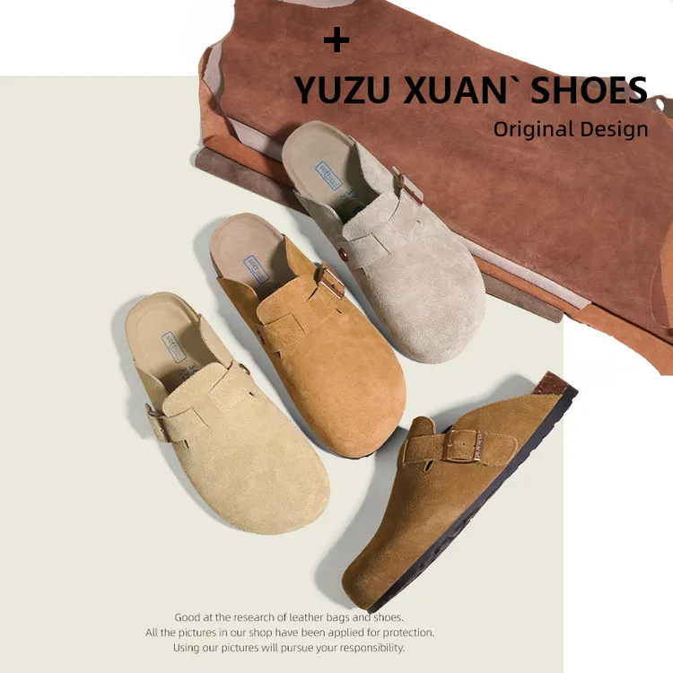 跟高3CM一脚蹬牛皮扣带休闲勃肯拖鞋女半拖软木底外穿