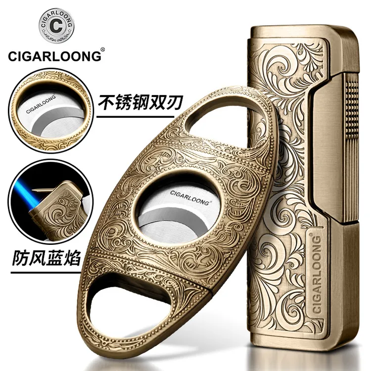 CIGARLOONG茄龍雪茄打火机套装防风直冲打火机不锈钢雪茄剪两件套