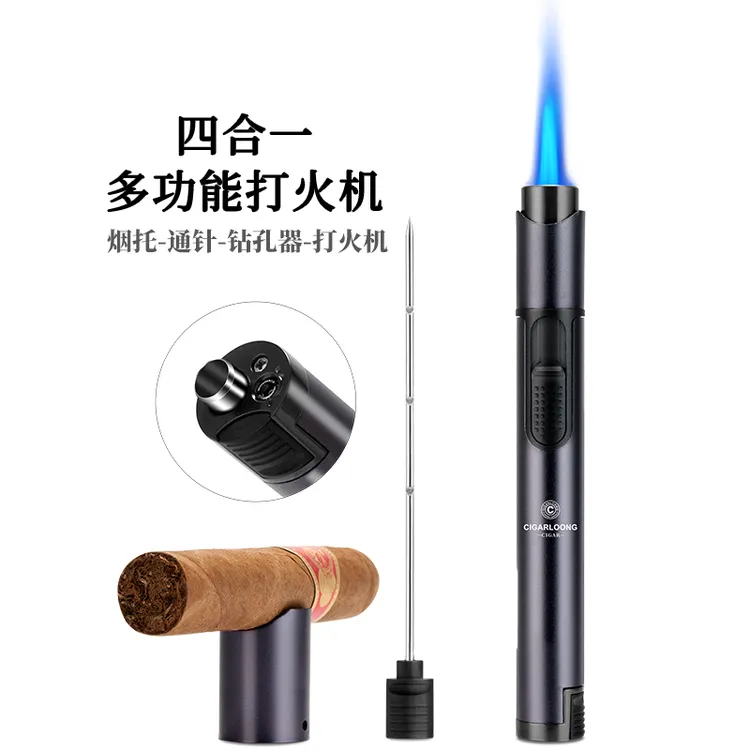 茄龙雪茄打火机防风直冲便携多功能带烟托通针打孔器火机CB-24HL