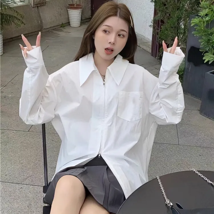 衬衫女款外穿金属拉链白色衬衫女春季设计感小众宽松显瘦优质上衣