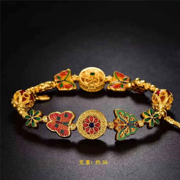 铜合金手链 新款古法手工福满全家烧蓝花丝珐琅蝴蝶黄金色手串