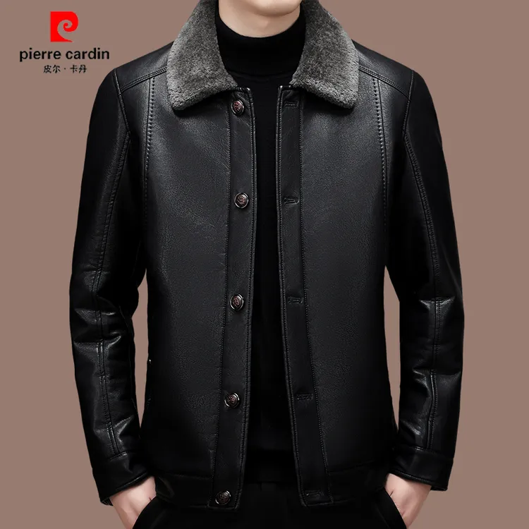 【国际名牌皮尔卡丹】高档轻奢男士休闲皮衣冬季加绒加厚翻领厚外套