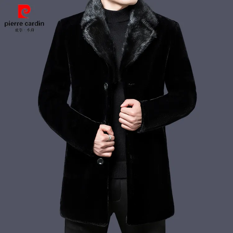 【皮尔卡丹国际名牌】高档男士中长款水貂领毛呢大衣冬季抗寒保暖男