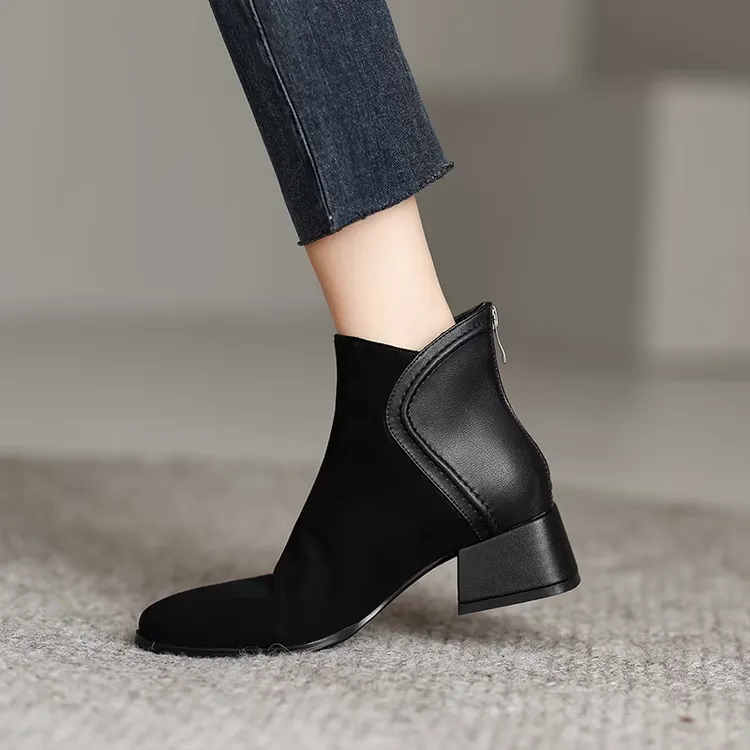 高跟绒面小短靴女2024新款冬季粗跟方头瘦瘦法式气质加绒及踝靴