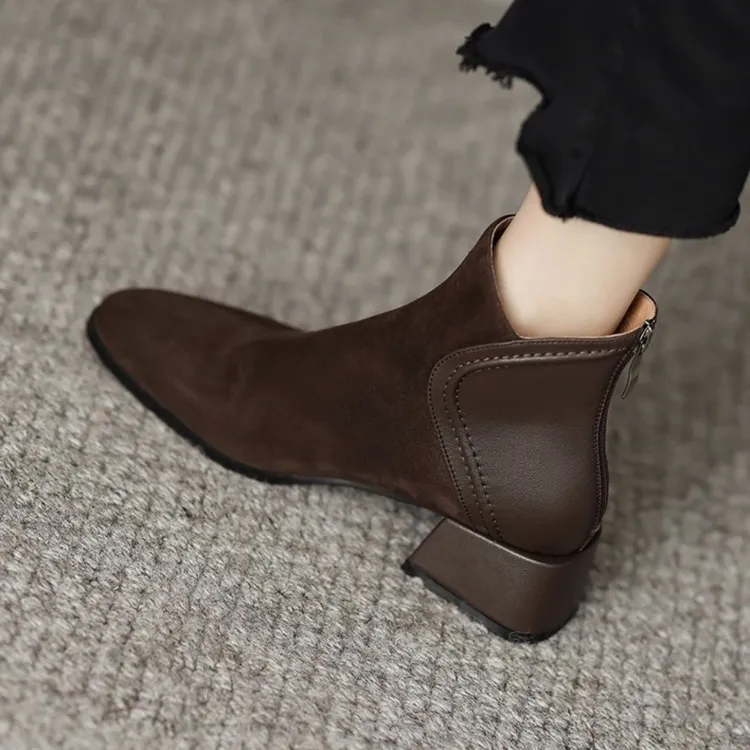 2024新款秋冬方头磨砂短靴女粗跟中跟真皮女鞋软皮小裸靴马丁靴