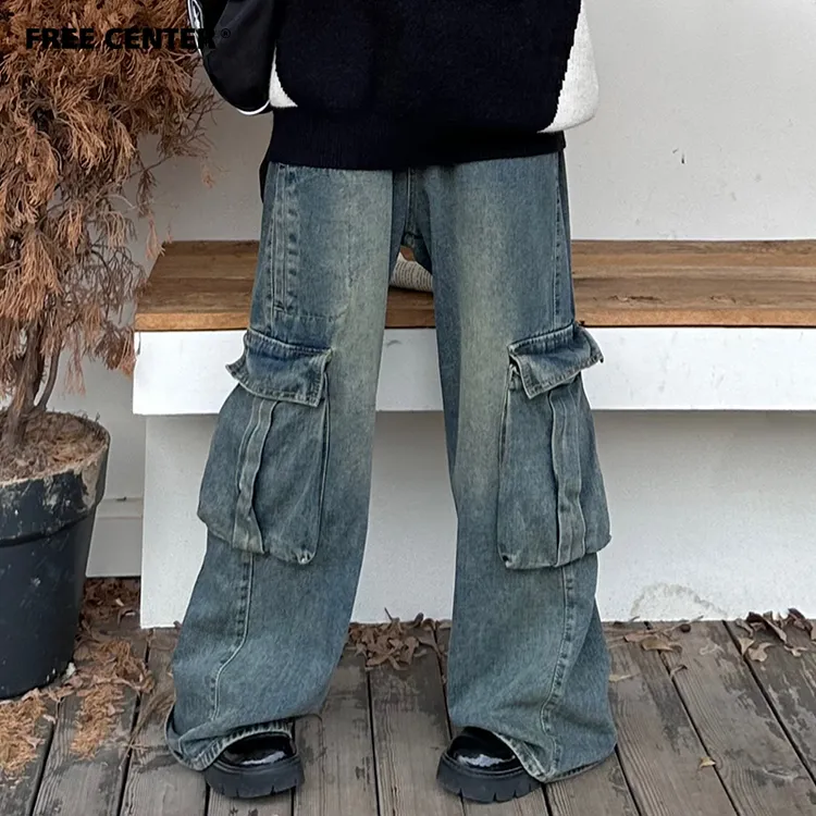 FreeCenter 美式复古做旧工装口袋牛仔裤女街头宽松百搭拖地裤子