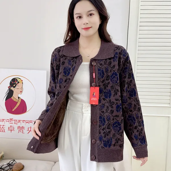 蓝卓梵央女士冬装翻领花朵加绒加厚休闲毛衣搭配藏装