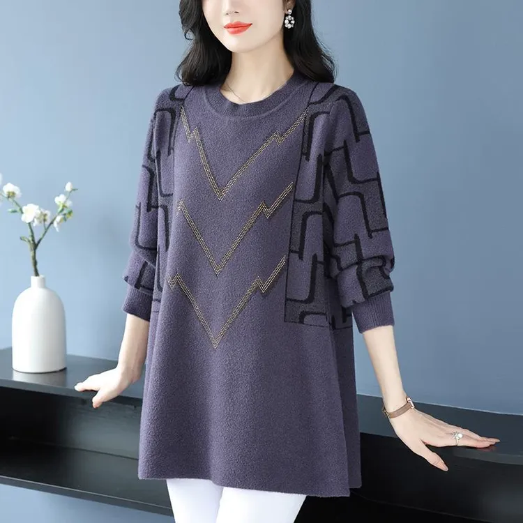 中老年胖妈妈中长款宽松毛衣女加肥加大码遮肚针织衫春秋圆领上衣