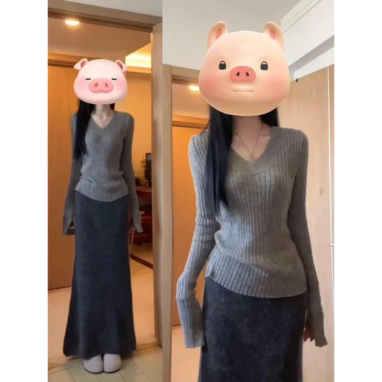 纸片人慵懒开衩袖针织打底衫女秋百搭V领显瘦长袖上衣裙子两件套