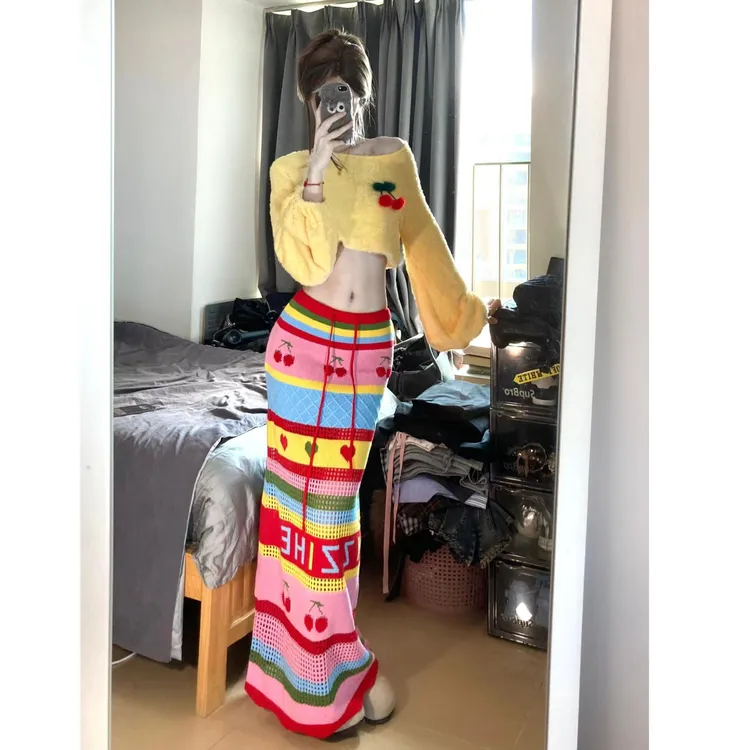 嫩黄色纯欲一字肩毛衣彩色多巴胺针织显瘦半身裙辣妹两件套秋季