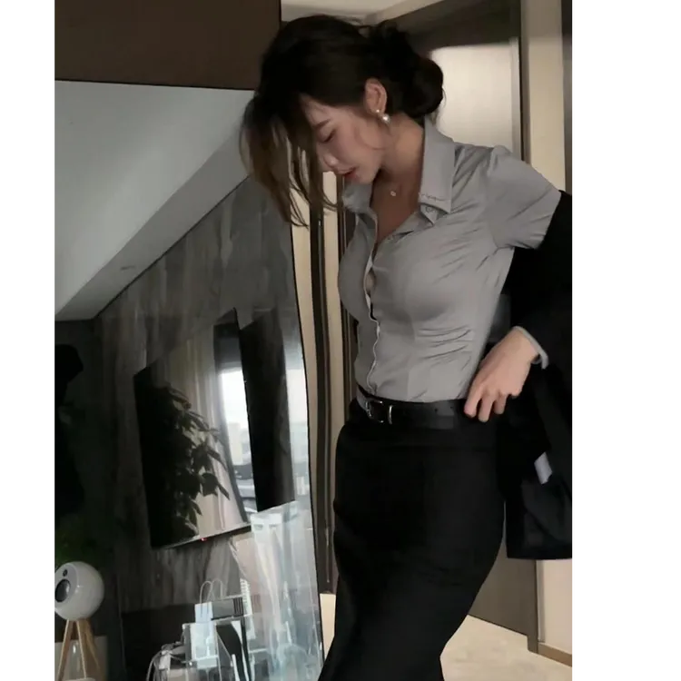 御姐气质套装修身收腰长袖衬衫上衣+高腰开叉辣妹包臀裙半身短裙