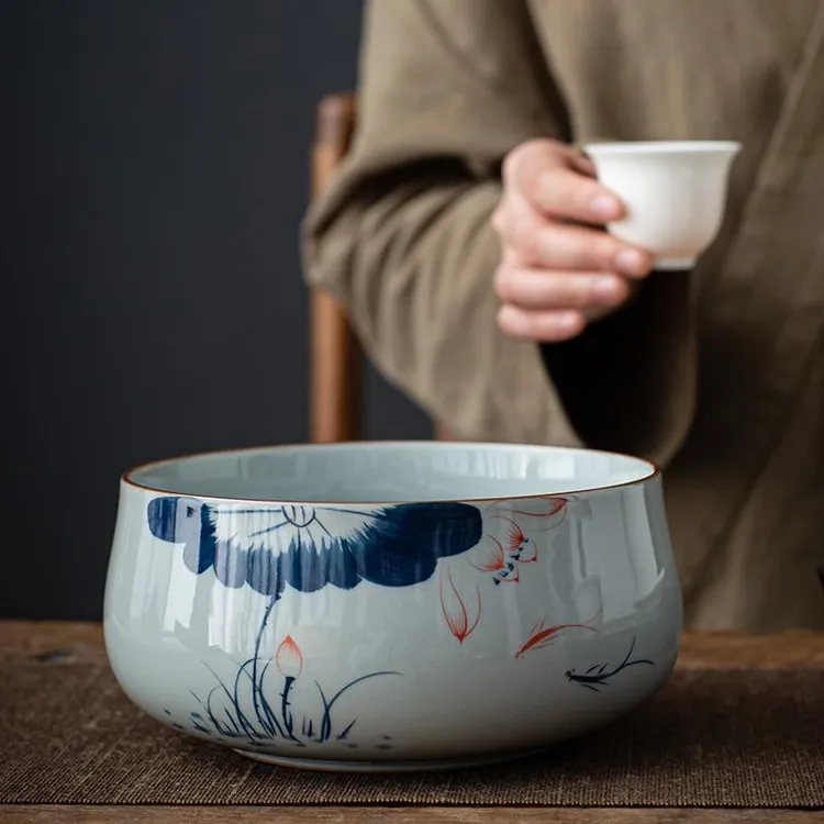 草木灰手绘荷花陶瓷茶洗家用杯洗功夫茶具配件水洗笔洗茶渣缸中式