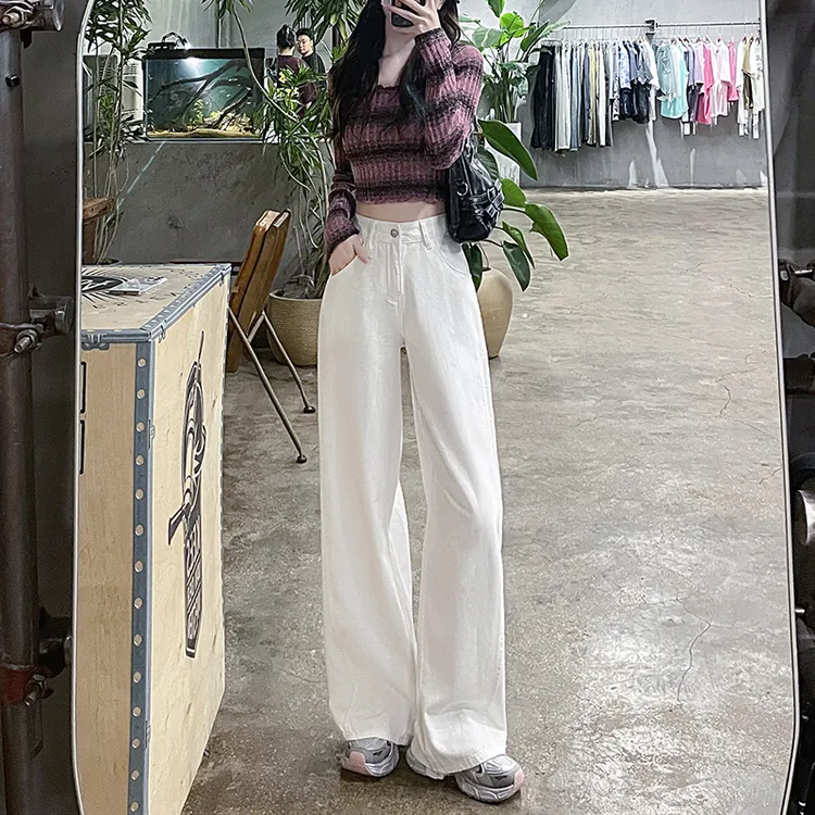 白色阔腿牛仔裤女秋季2024新款高腰宽松显瘦垂感直筒拖地裤子百搭