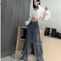 【宋昭瑶】美式重工条纹印花大口袋工装牛仔裤裤长105