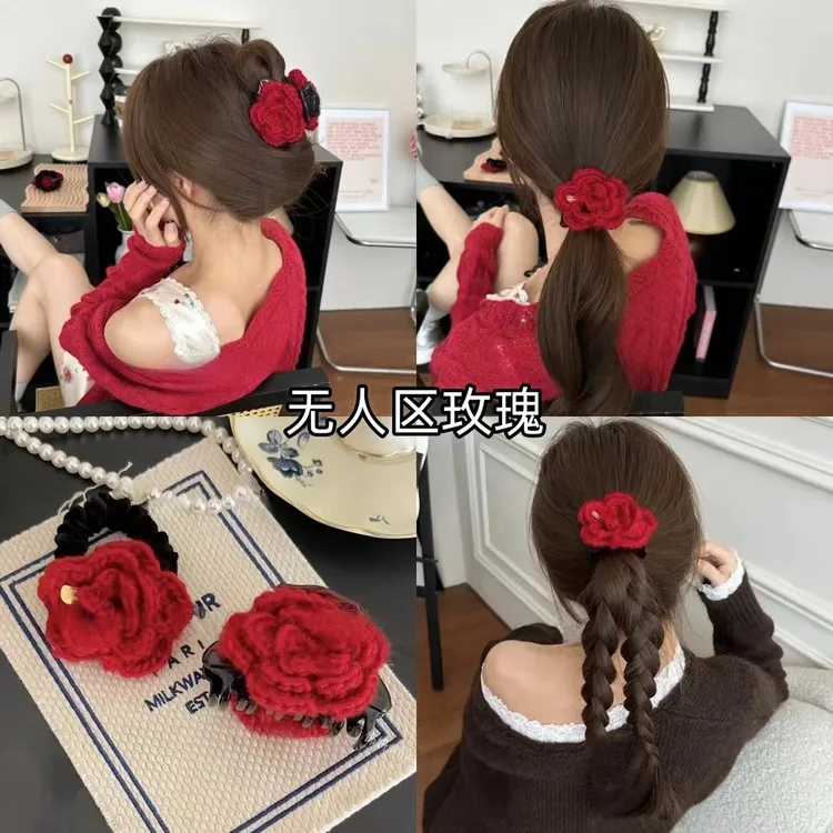 时尚红色玫瑰花发圈鲨鱼夹高颜值后脑勺盘发抓夹女丸子头发绳皮筋
