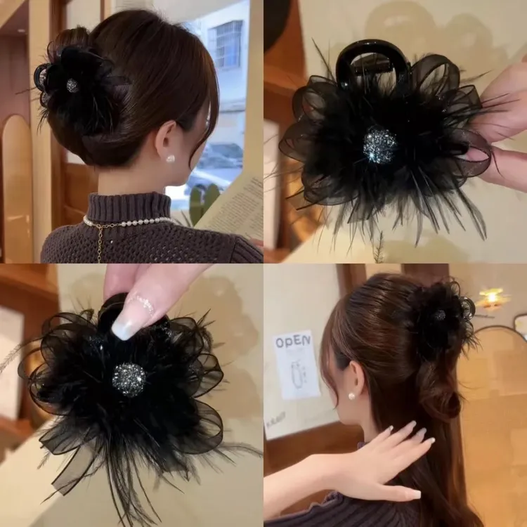 新款气质浪漫时尚毛毛抓夹后脑勺高级感羽毛抓夹小香风发夹