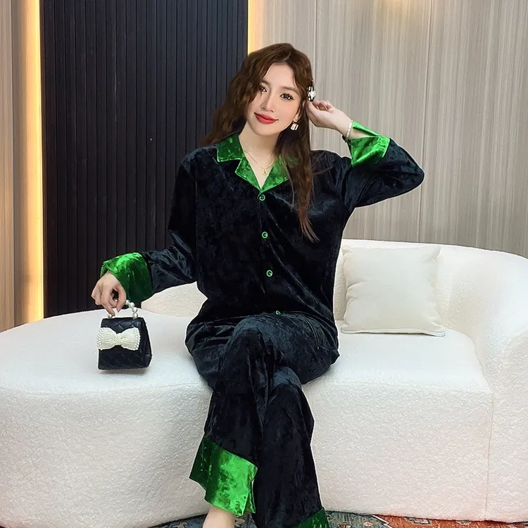 小香风金丝绒睡衣女春秋季长袖大码宽松秋冬网红家居服套装可外穿