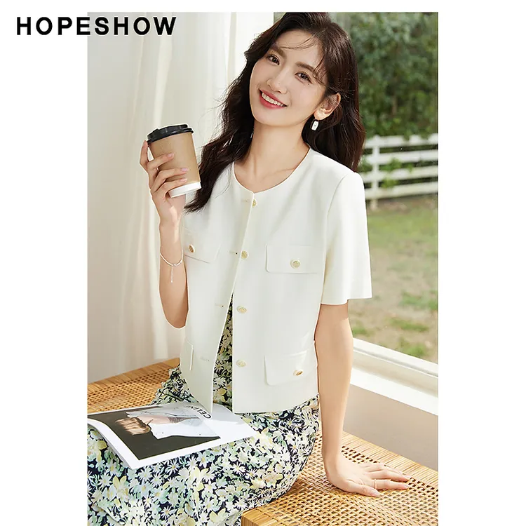 红袖香风单排扣正肩短款休闲小香风圆领外套90123100402