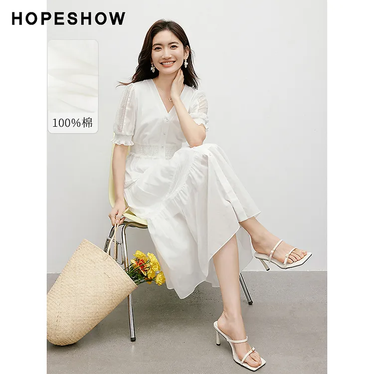 红袖夏季2024新款女装 镂空蕾丝收腰单排扣V领连衣裙90124211604