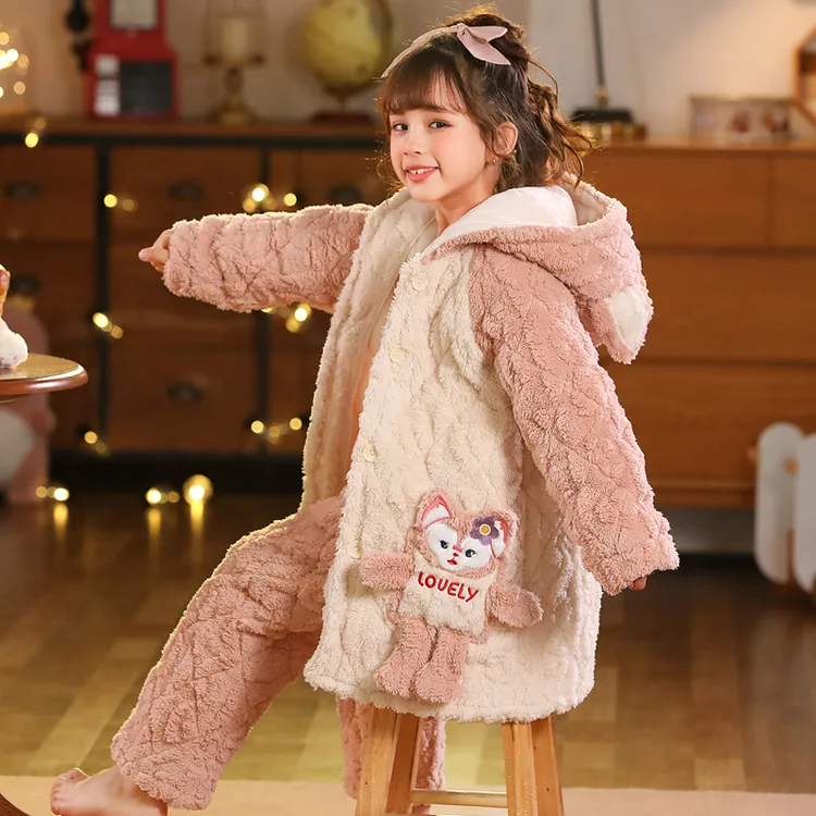 冬季儿童珊瑚绒睡衣女童三层夹棉女孩宝宝加厚款法兰绒家居服套装