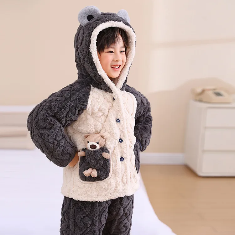 冬季儿童法兰绒睡衣男童男孩加厚款夹棉套装女童宝宝珊瑚绒家居服
