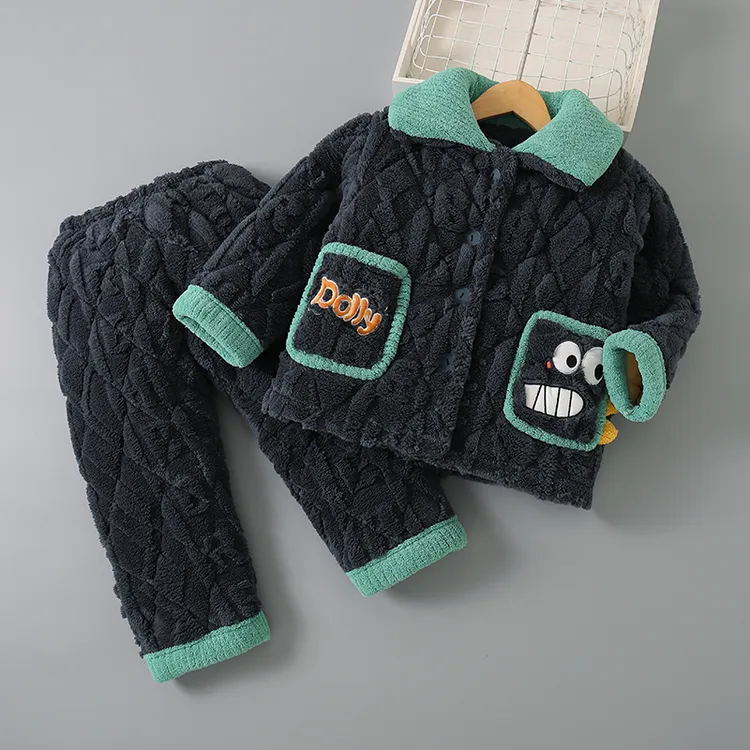 加厚法兰绒冬季儿童睡衣男童男孩珊瑚绒款女童宝宝家居服夹棉套装