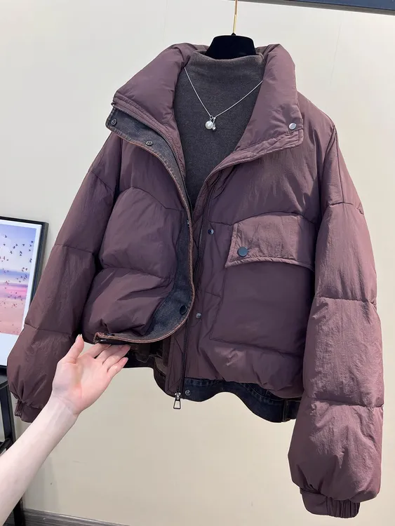 立领牛仔拼接白鸭绒羽绒服女冬装小个子时尚加厚保暖面包服短外套