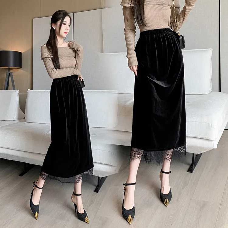 蕾丝拼接丝绒半身裙女早秋冬季高腰垂感直筒中长款包臂显瘦a字裙