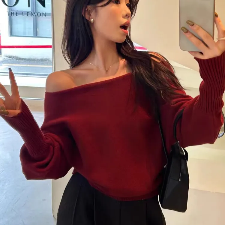 温柔一字领灯笼袖正肩针织衫秋冬气质单穿内搭宽松斜肩小衫可三穿