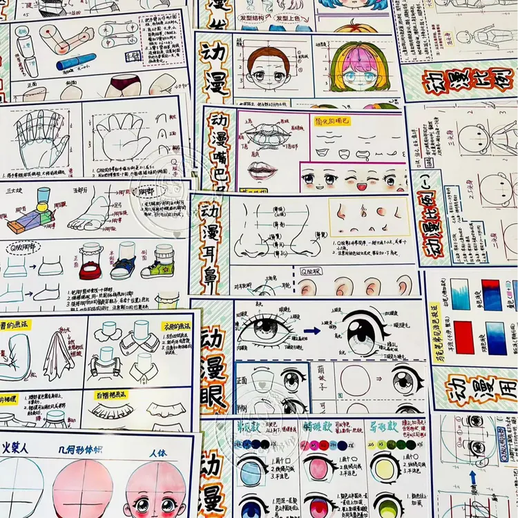 手绘动漫知识点系统学习卡，漫画教学参考图，招生，可做外化 A4实物