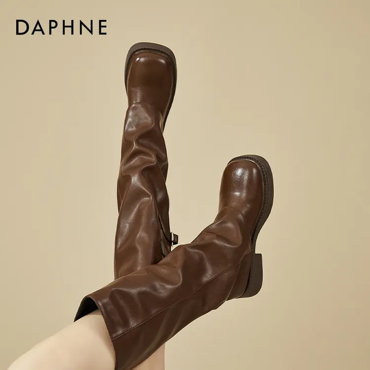 达芙妮西部牛仔靴女棕色裤管靴长靴秋冬美拉德不过膝长筒靴雅丹风