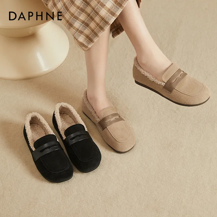 达芙妮加绒勃肯鞋女秋冬2025新款毛毛鞋女外穿平底单鞋豆豆鞋棉鞋
