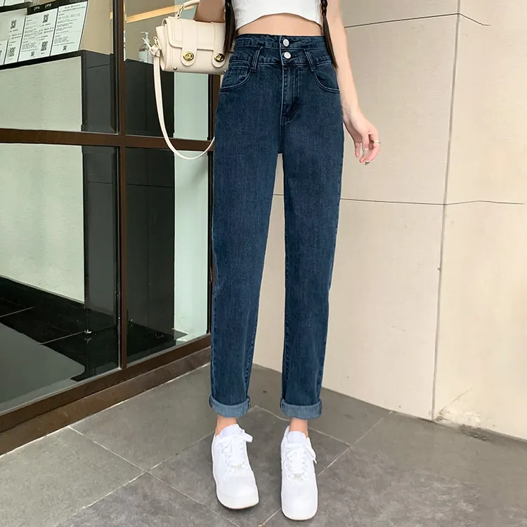 2025年春秋爆款高腰弹力窄版牛仔裤女宽松大码哈伦老爹裤弹力显瘦