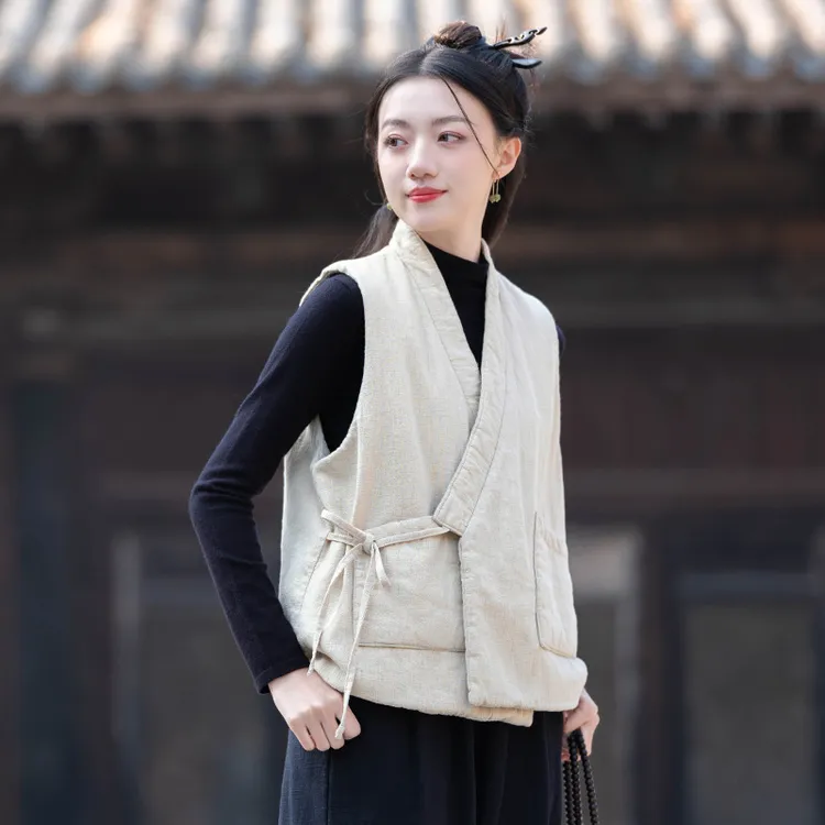 新中式复古斜襟加厚马夹女秋冬季中国风夹棉保暖改良汉服背心外搭