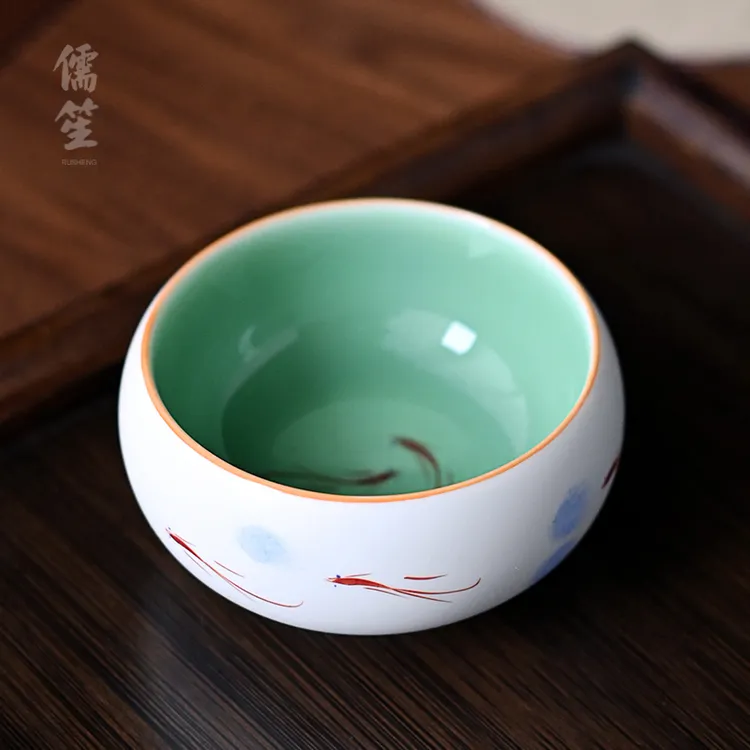 儒笙陶瓷手绘小鱼白瓷罗汉杯手工拉胚单个茶杯高端茶具喝茶主人杯
