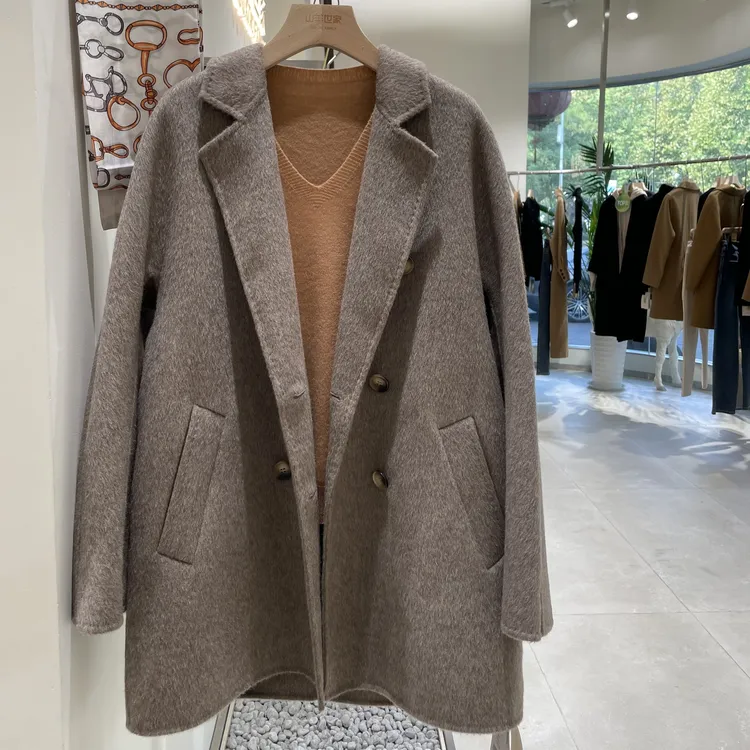 山羊世家经典双排扣中长款时尚简约气质毛呢外套
