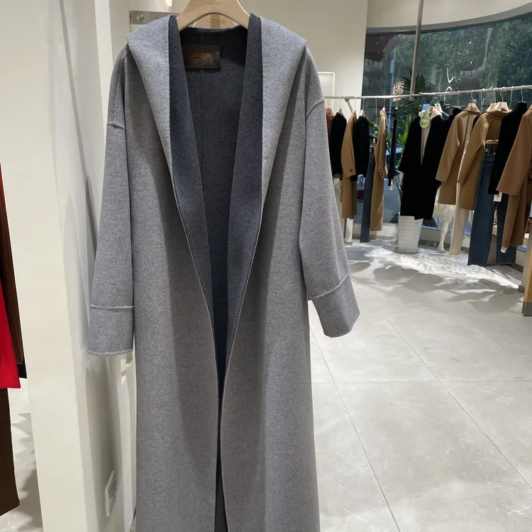 山羊世家加厚连帽羊绒桑蚕丝羊毛大衣女长款时尚双面呢