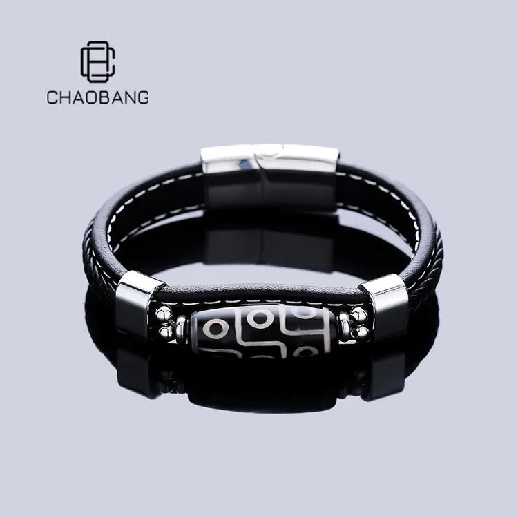 chaobang/潮邦 钛钢陶瓷手链 藏式九眼皮革编织手链男转运珠配饰