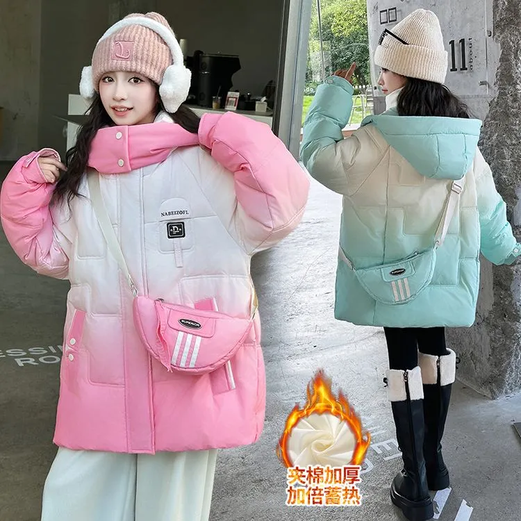 女童棉服2024新款冬季儿童洋气中长款棉袄外套冬季小女孩渐变棉服