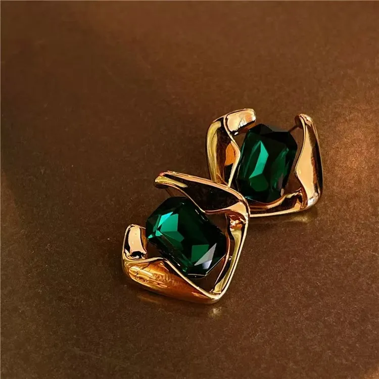 铜合金耳饰 独特耳环复古绿色方形耳饰s925银针小耳钉ins宫廷风