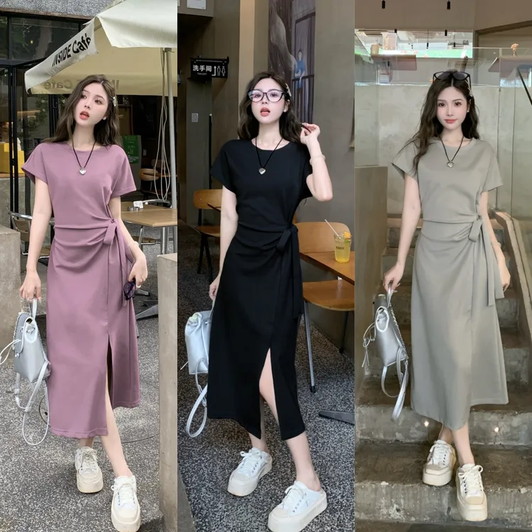 大码夏季韩版收腰显瘦中长裙设计感侧面开衩绑带连衣裙女