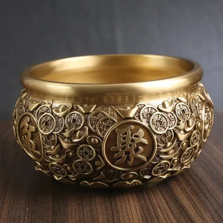 全黄铜金钱元宝聚宝盆件招财聚财铜客厅装饰品大号复古聚宝盆礼品