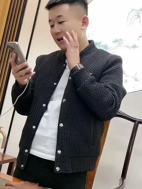 2024秋冬季男士高级感麦穗扎线棉衣时尚潮流百搭修身短款夹克棉服