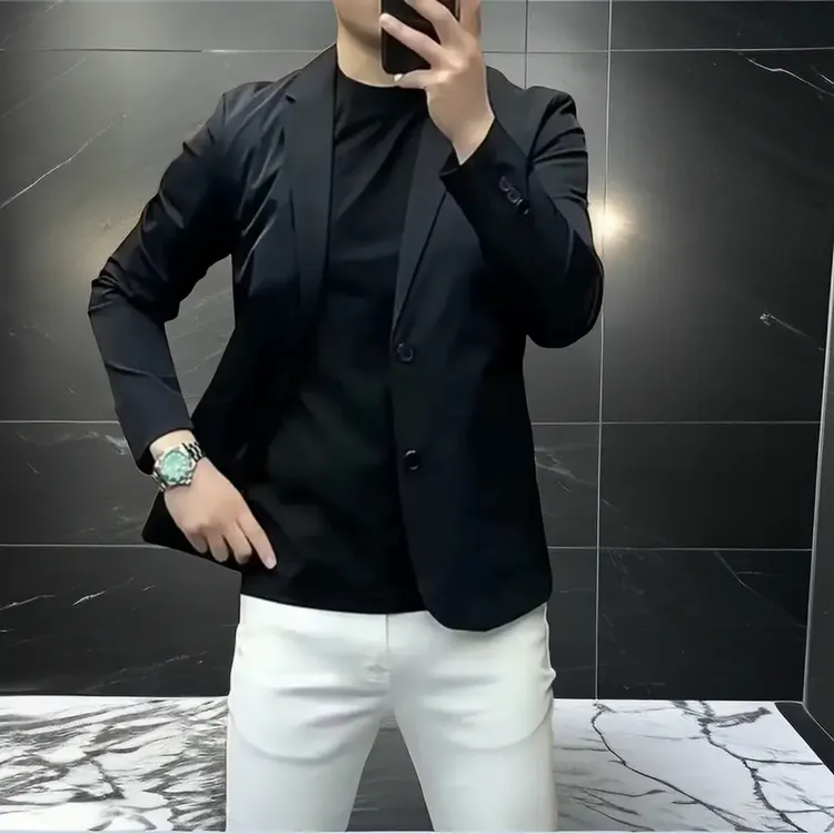 春秋韩版男士休闲西服纯色修身商务百搭网红帅气简约潮流西服外套