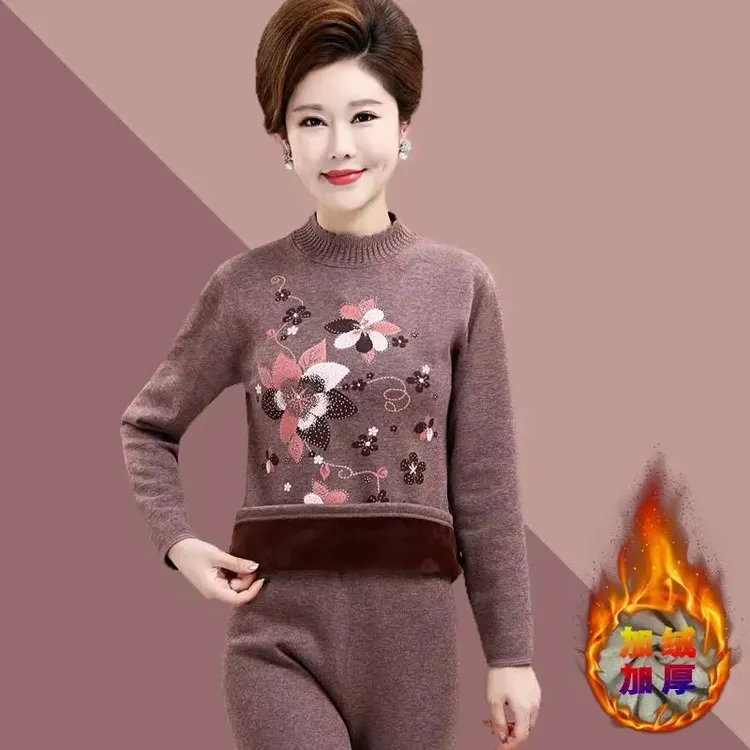 中老年人保暖内衣女加绒加厚套装妈妈秋衣秋裤冬季