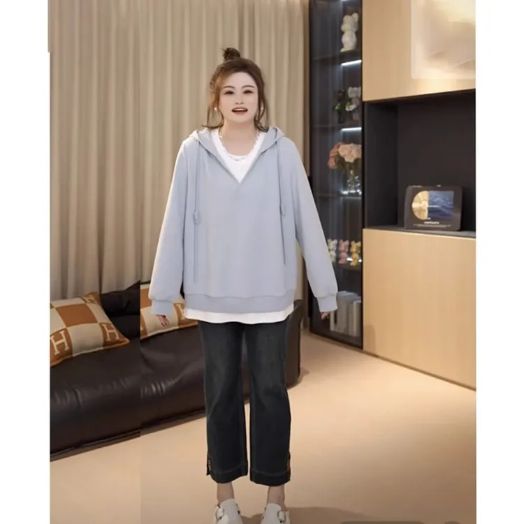 胖佳佳大码女装慵懒风假两件连帽卫衣女秋季胖mm宽松显瘦外套上衣